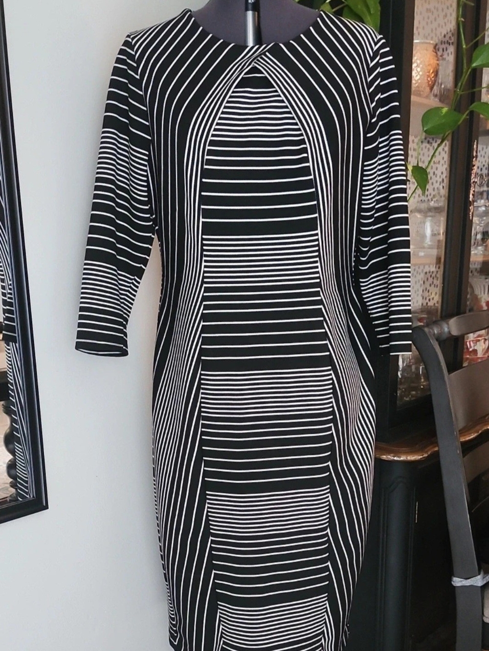 New York & Company Black and White Striped Midi Sheath Dress SIZE L